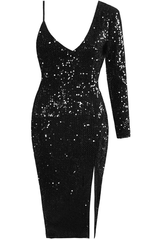 SEQUIN LEG SLIT MIDI DRESS