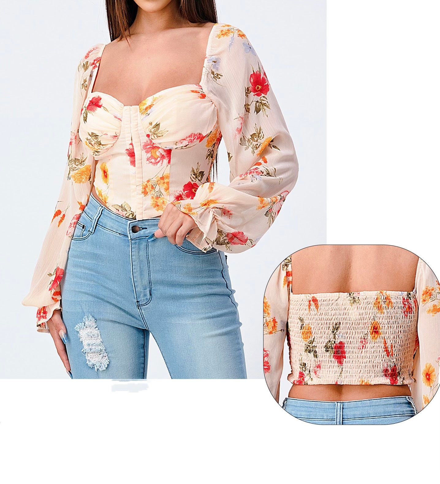 Floral Smocked Corset Cropped Top