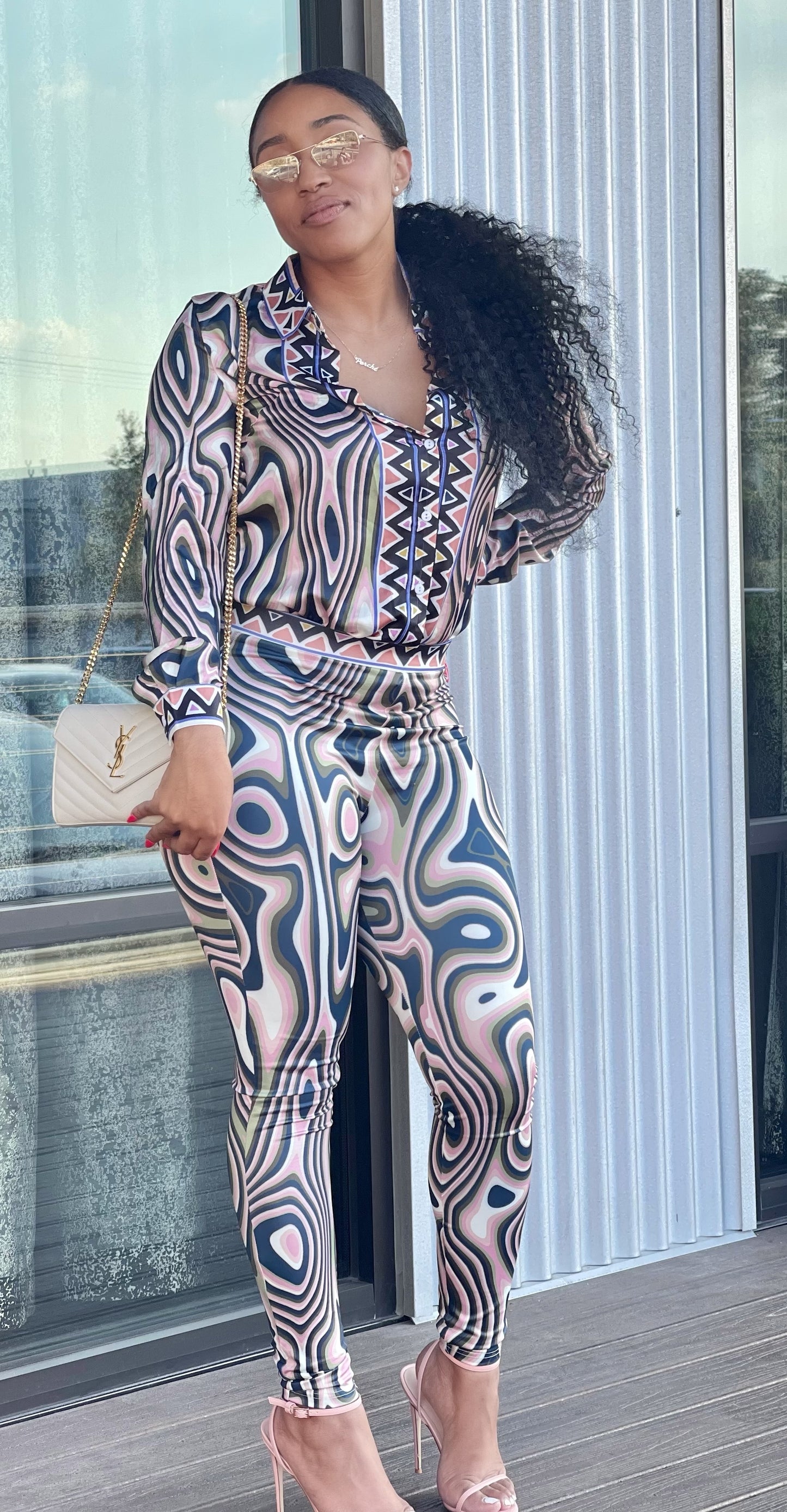 Satin Button Down Blouse with Matching Pants