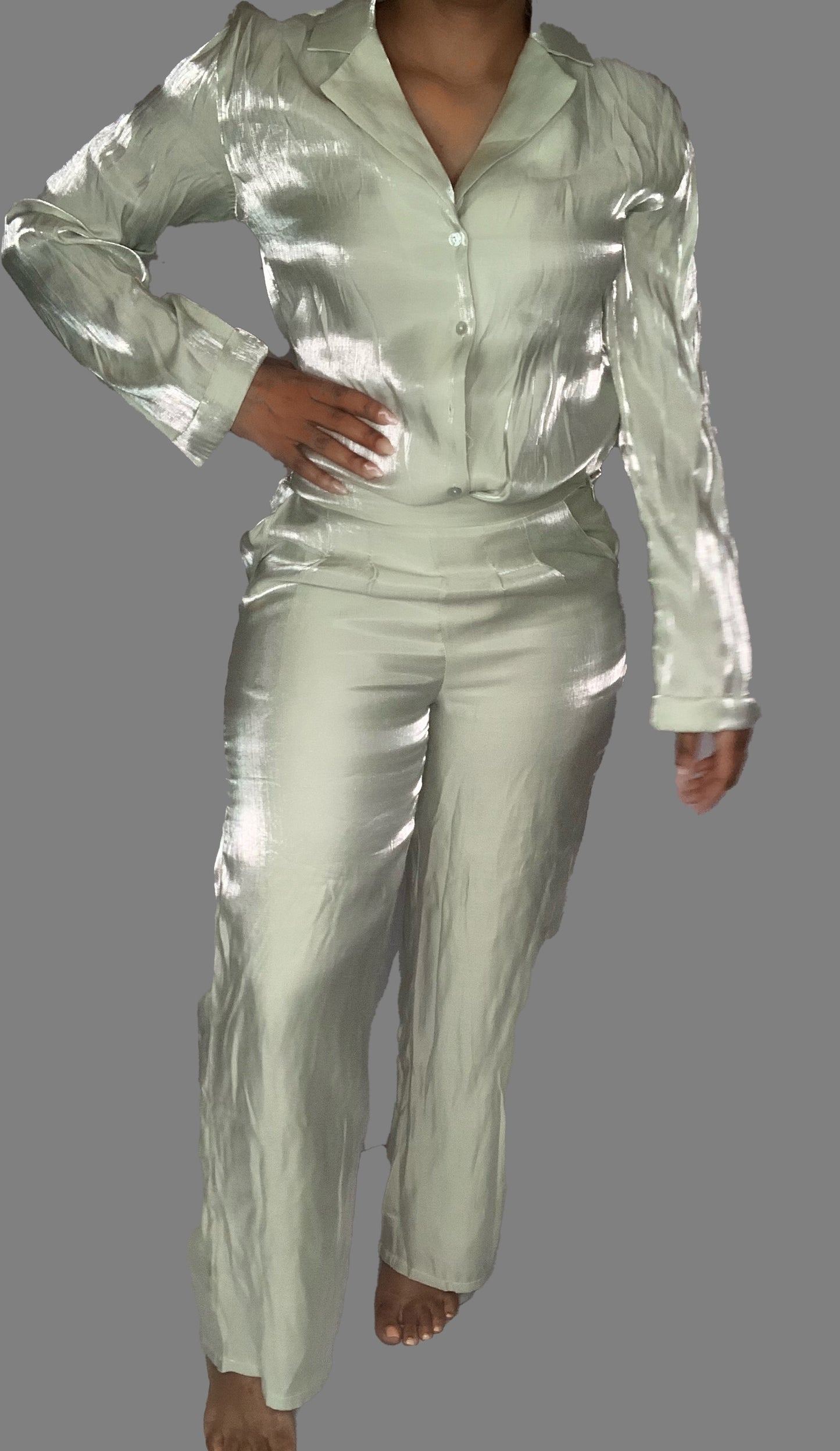 Sage Satin Two-Piece Pants Set