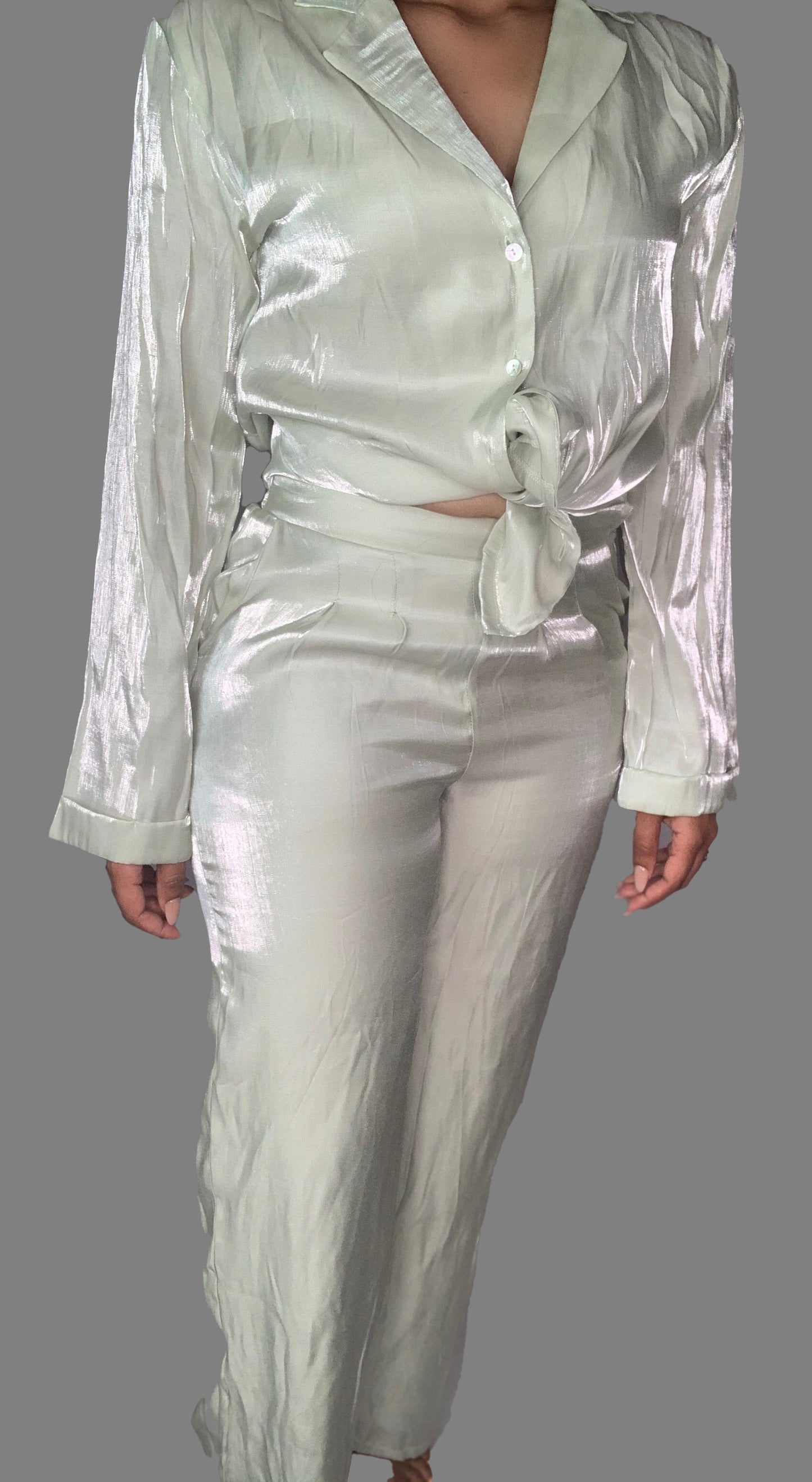 Sage Satin Two-Piece Pants Set
