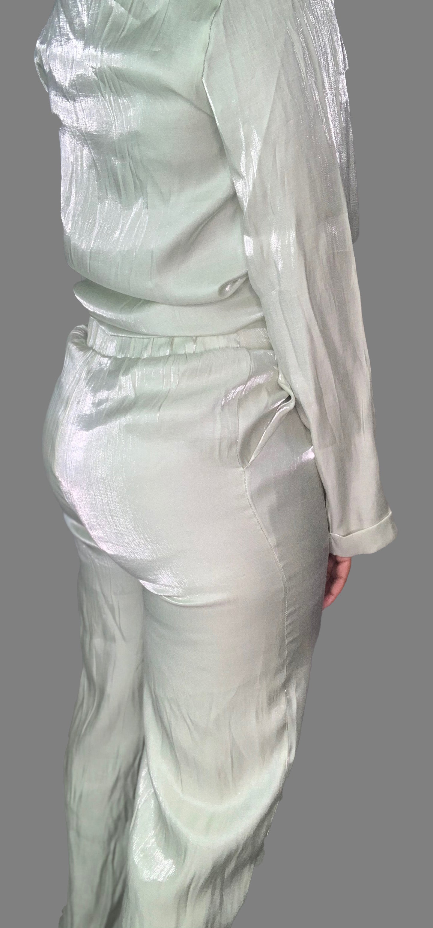 Sage Satin Two-Piece Pants Set