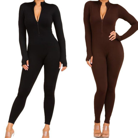 Long Sleeve Mock Neck Jumpsuit (Black and Brown)