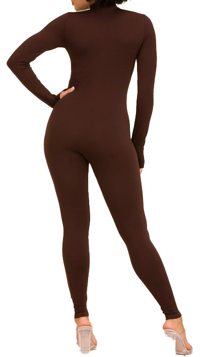 Long Sleeve Mock Neck Jumpsuit (Black and Brown)