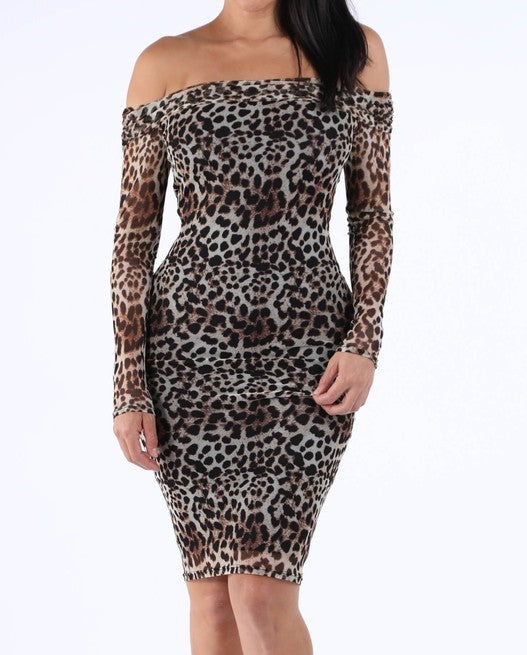 Leopard Mesh Off Shoulder Dress
