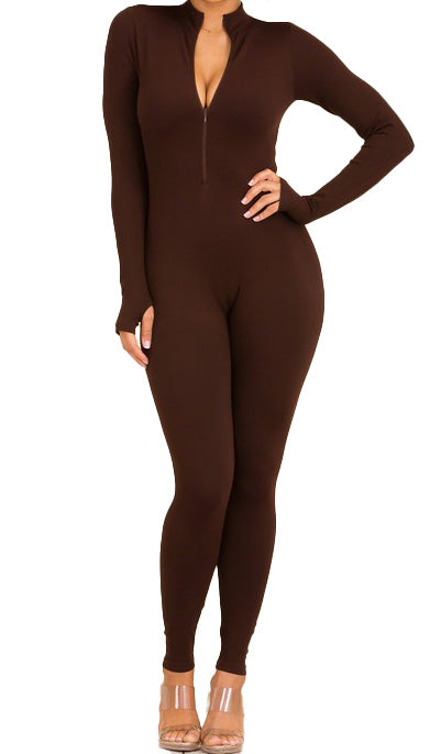 Long Sleeve Mock Neck Jumpsuit (Black and Brown)